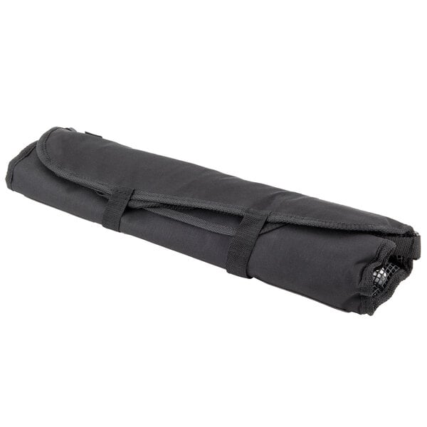 A black roll up travel bag with a zipper.