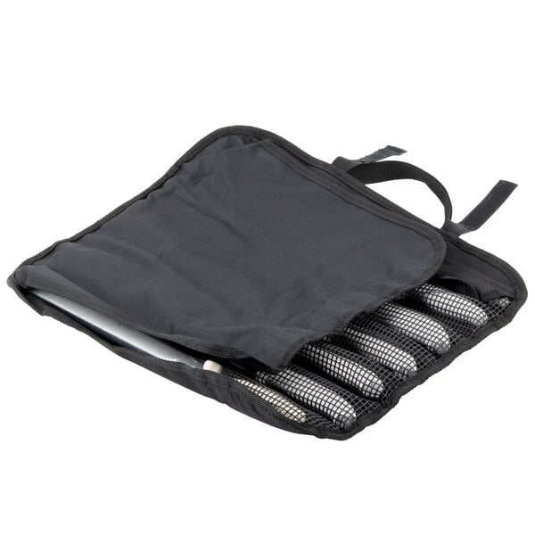 A black bag with a white handle and silver objects inside.