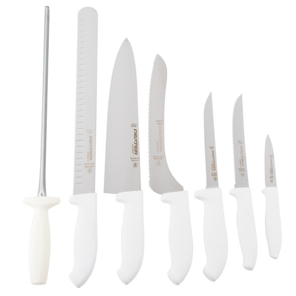 A white Dexter-Russell SofGrip cutlery set box with 7 knives and a sharpener.