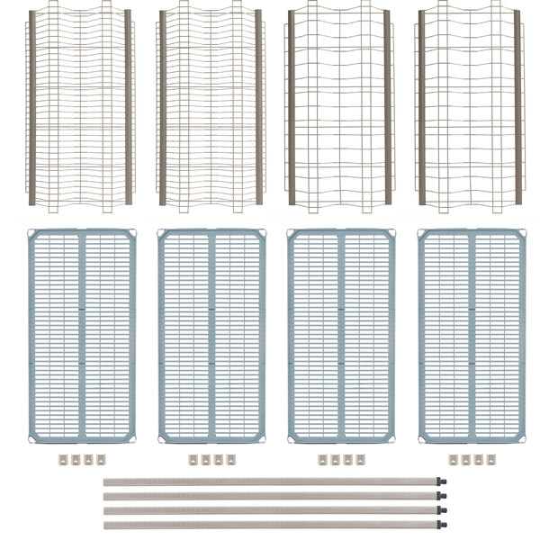 A close-up of a MetroMax metal grid shelf with metal bars and pieces.