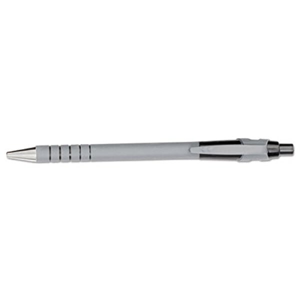 A close-up of a Paper Mate FlexGrip Ultra retractable ballpoint pen with a gray barrel and black tip.