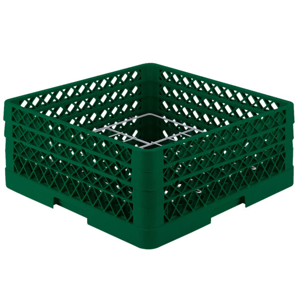 A green plastic Vollrath Traex plate rack with metal rods.