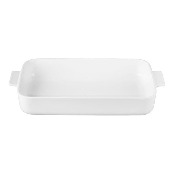 A white rectangular baking dish with handles on both sides.