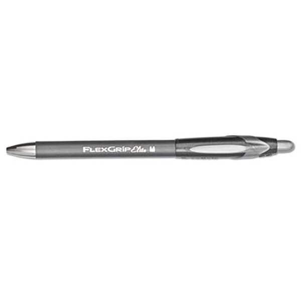A close-up of a Paper Mate FlexGrip Elite pen with a black and silver logo.