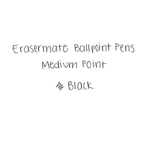 A black Paper Mate Erasable Ballpoint Stick Pen with black ink and barrel on a white background.