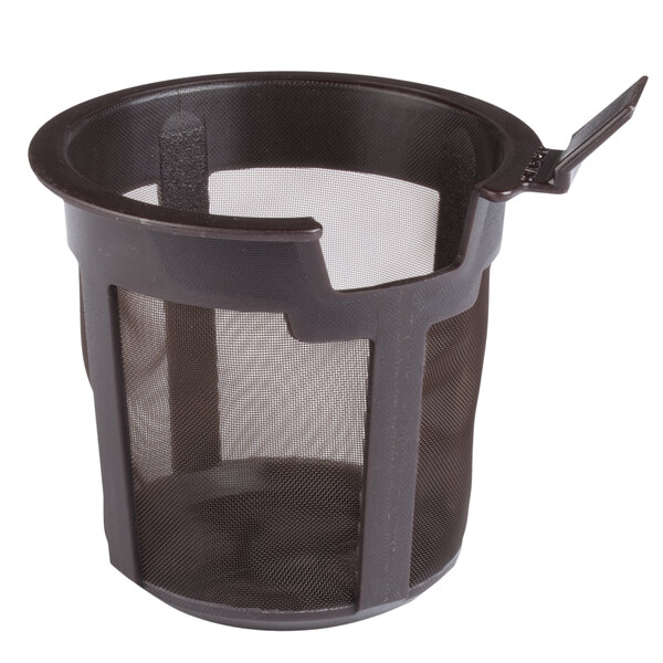 A white porcelain teapot with a black plastic filter and lid.