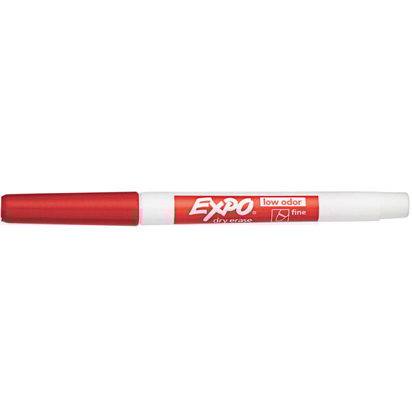 A red Expo fine point dry erase marker with the word expo on it.