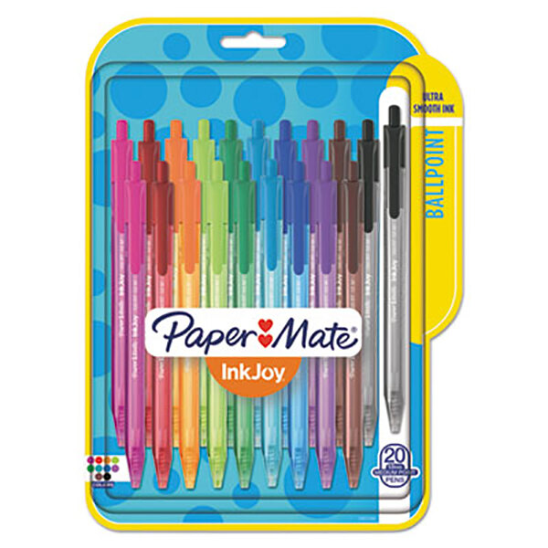 A pack of 20 Paper Mate InkJoy ballpoint pens with assorted ink and barrel colors.