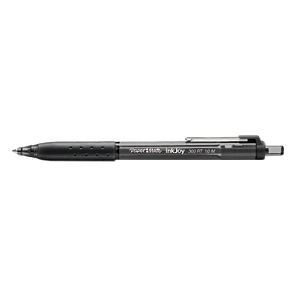 A Paper Mate black ink pen with a black barrel and silver tip.