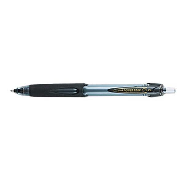 A close-up of a black Uni-Ball Power Tank RT pen with a black translucent barrel and silver accents.