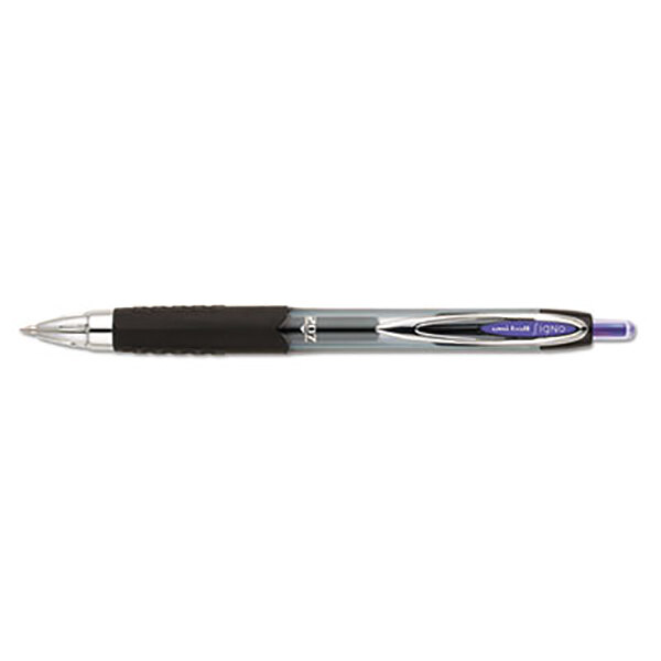 A Uni-Ball Signo 207 pen with a semi-translucent barrel and purple trim.