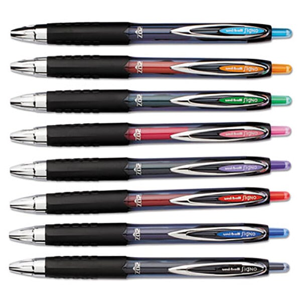 A row of Uni-Ball Signo 207 pens with different barrel colors.