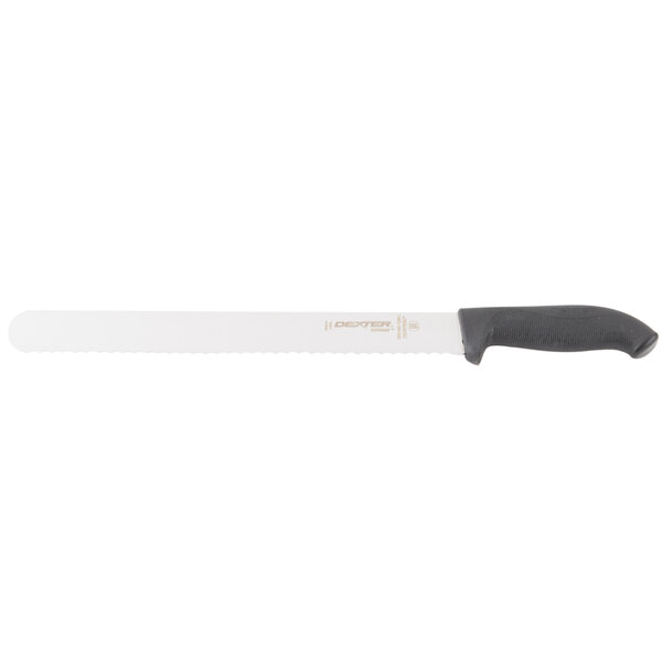 A Dexter-Russell white bread knife with a black handle.