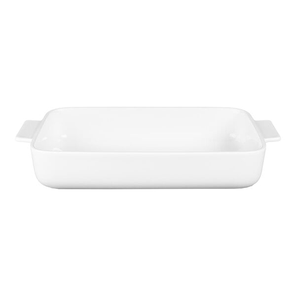 A white rectangular baking dish with handles on both sides.