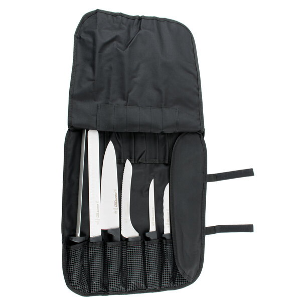 A black Dexter-Russell cutlery set in a black case.