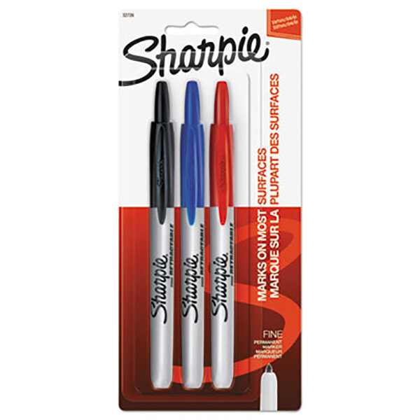 A package of 3 Sharpie fine point permanent markers in assorted colors.