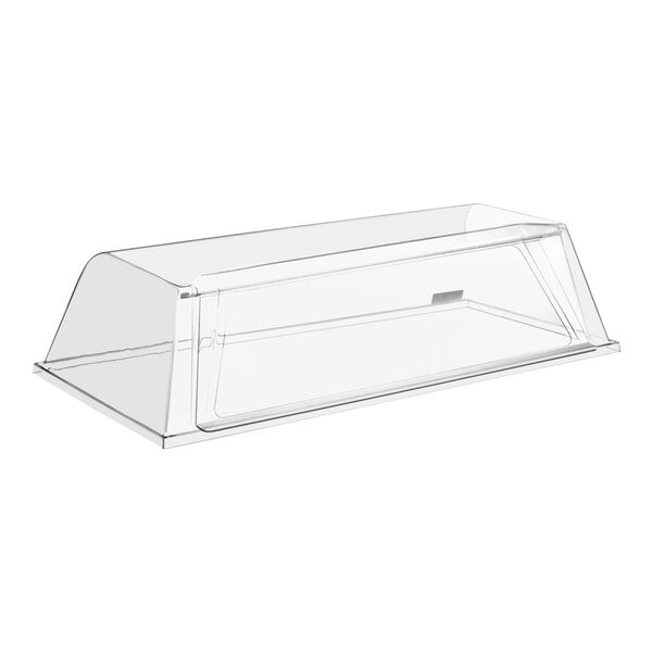 A clear plastic container with a clear lid over a Nemco roller grill.