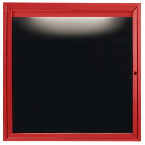 A red powder coated aluminum indoor message center with a black letter board inside.