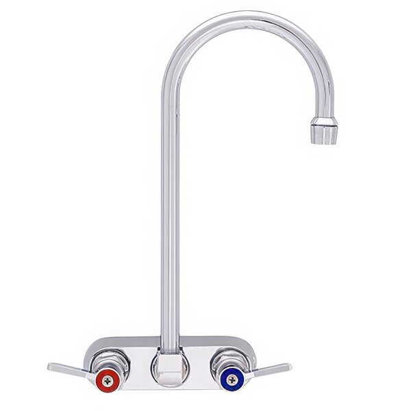 A silver Fisher wall mount faucet with 4" centers, swivel gooseneck nozzle, and red and blue lever handles.