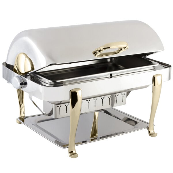 A silver and brass Bon Chef rectangle chafing dish with a lid.
