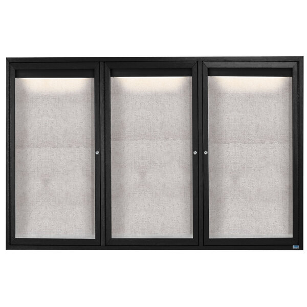 A black cabinet with 3 glass doors with black frames.
