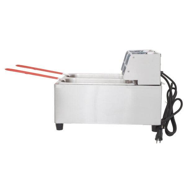 A Cecilware stainless steel electric countertop fryer with red handles.