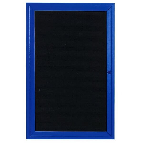 An enclosed blue aluminum bulletin board with a black letter board.