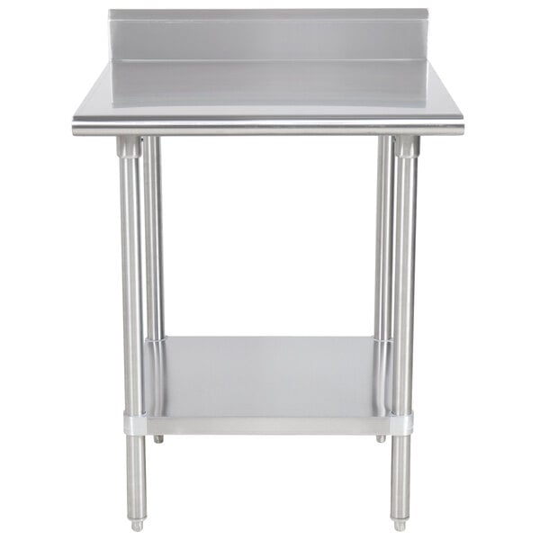 A stainless steel Advance Tabco work table with undershelf.