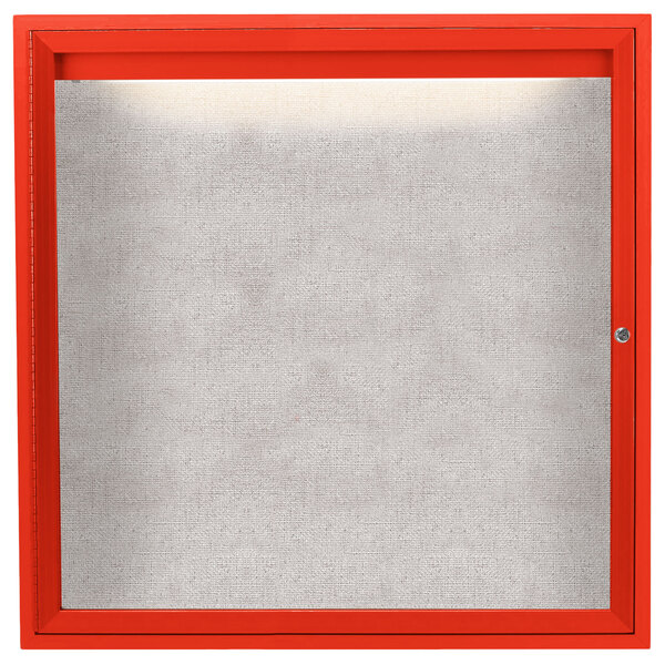 A red framed enclosed bulletin board with a white background.
