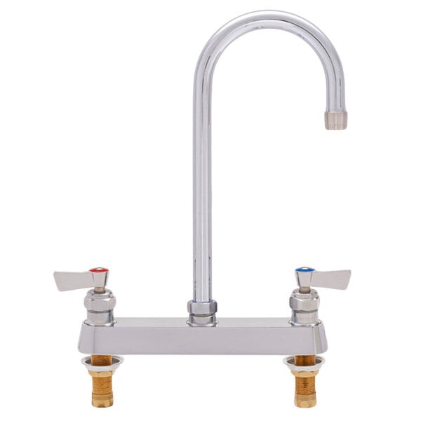 A silver Fisher deck mounted faucet with two lever handles.