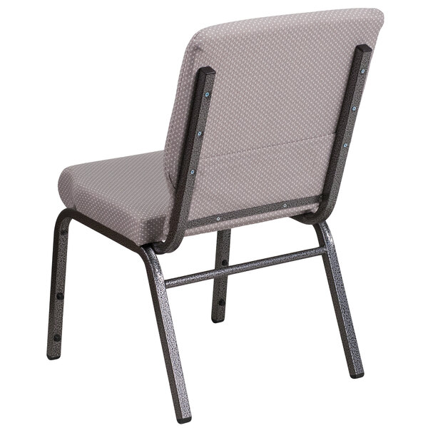 A Flash Furniture gray church chair with a silver metal frame and white and grey fabric.