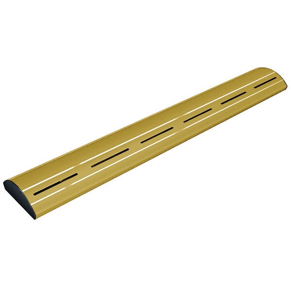 A long yellow metal beam with a black stripe and LED lights.