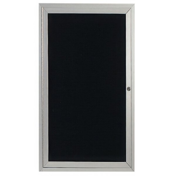 An Aarco satin anodized aluminum enclosed message center with a black letter board.