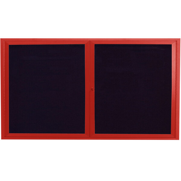 A red rectangular aluminum message center with two black doors and a black letter board.