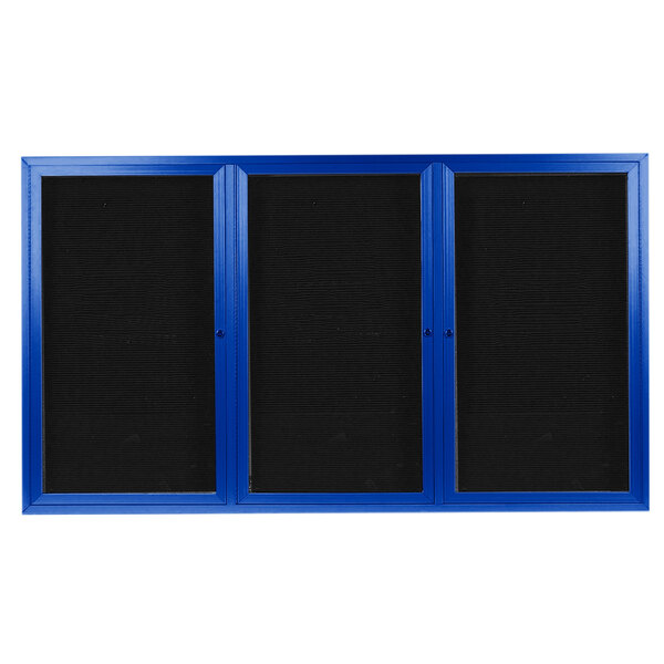 A black rectangular cabinet with blue and black doors and letter boards.