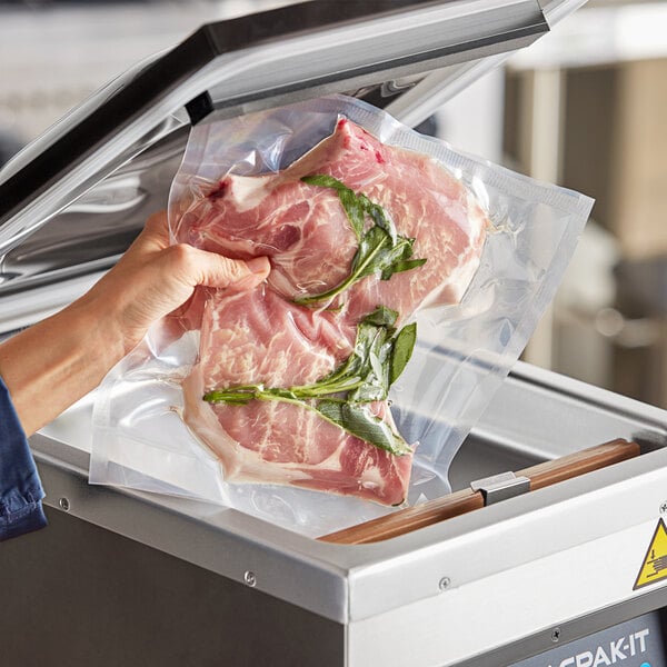 A hand holding a piece of meat in a VacPak-It 10" x 12" vacuum packaging pouch.