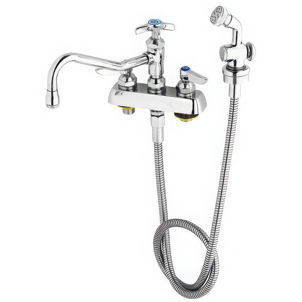 A chrome T&S deck-mounted workboard faucet with a hose and spray nozzle.