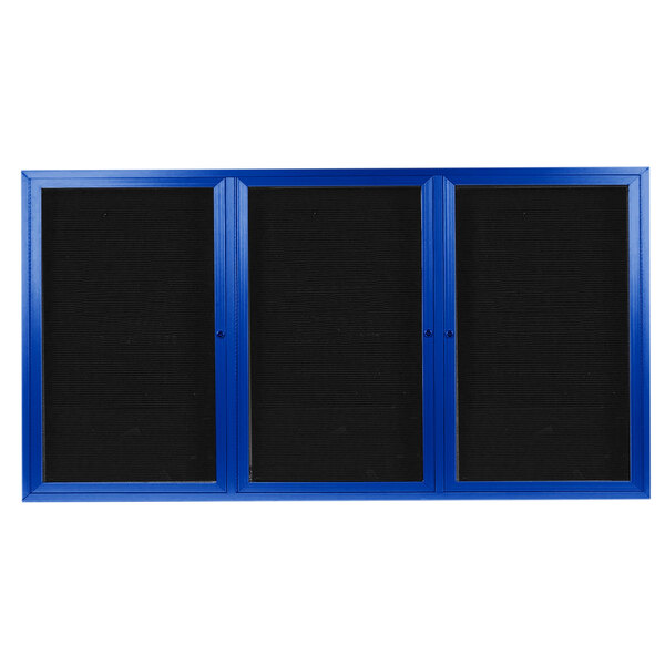 A blue cabinet with black doors enclosing a blue board with black trim.