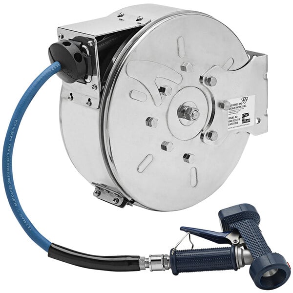 A T&S stainless steel hose reel with a silver hose attached to it.