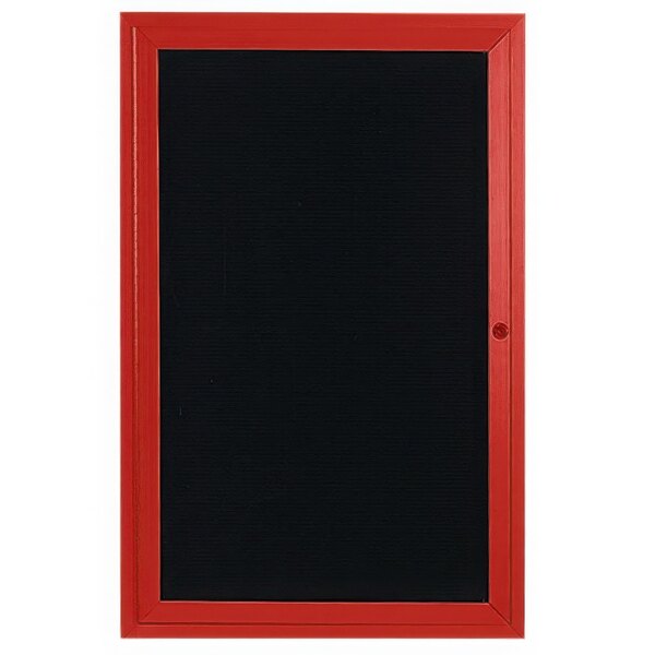 An Aarco red aluminum enclosed message center with a black letter board.
