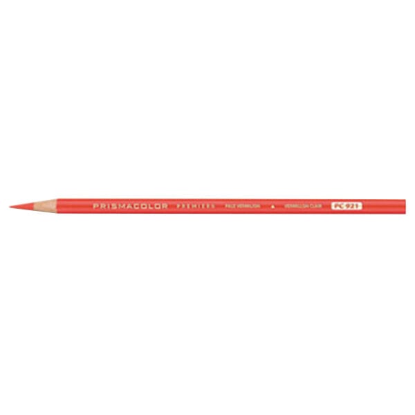 A red Prismacolor pencil with white writing on it.