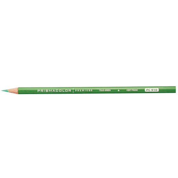 A green Prismacolor pencil with white writing on it.