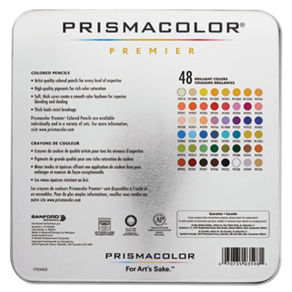 A box of Prismacolor Premier colored pencils with a chart of different colors.