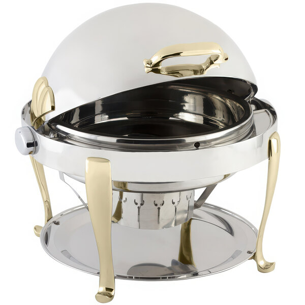 A Bon Chef stainless steel chafer with brass accents on a counter.