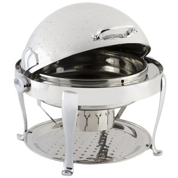 A stainless steel round Bon Chef chafing dish with a lid.