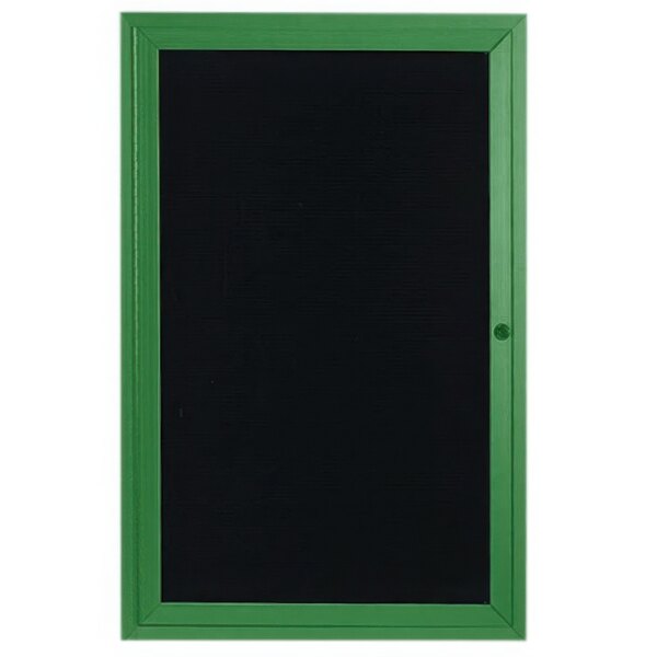 An Aarco green aluminum message center with a black letter board and a green frame.