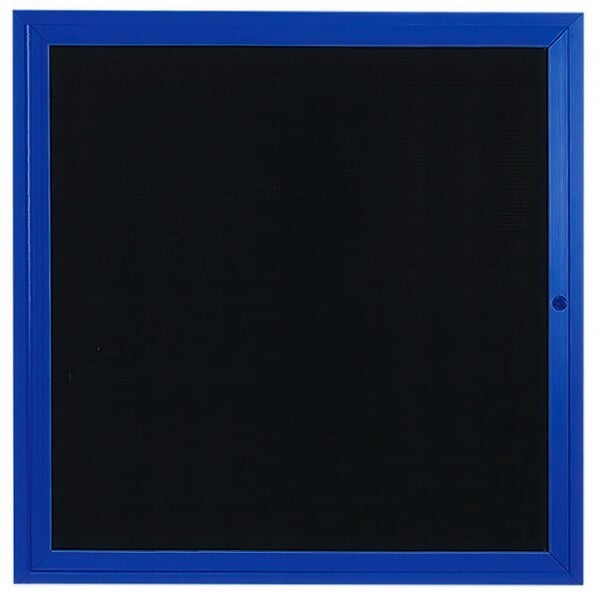 A blue Aarco indoor message center with a black letter board and frame.