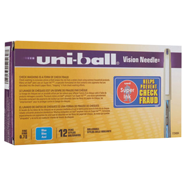 A box of 12 Uni-Ball Vision Blue Roller Ball Pens with silver barrels.