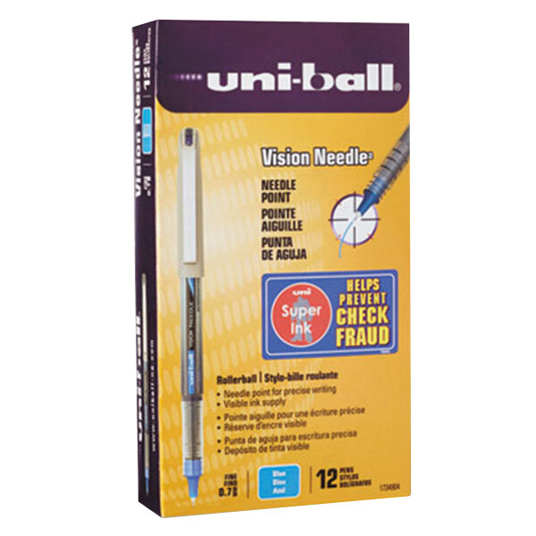 A box of 12 Uni-Ball Vision Blue Ink pens with silver barrels.