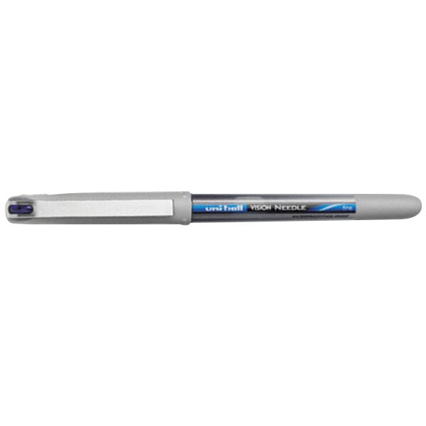 A white and blue Uni-Ball Vision pen with a silver tip.